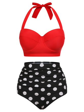 Front view: 1940s 2PCS Red 1940s Dots Halter Swimsuit, perfect for vintage themed parties and retro fashion enthusiasts
