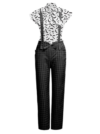 2PCS White Blouse Top & Suspender Pants: timeless style reimagined
