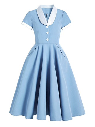 Blue 1950s Pocket Button Solid  Dress