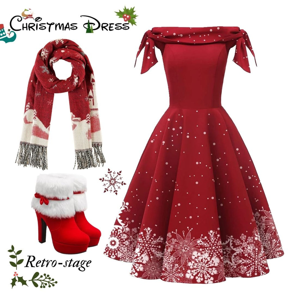 Red 1950s Off-shoulder Snowflake Dress