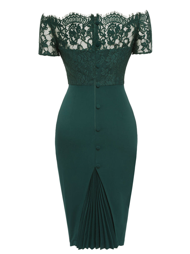 Dark Green 1960s Lace Off-shoulder Dress