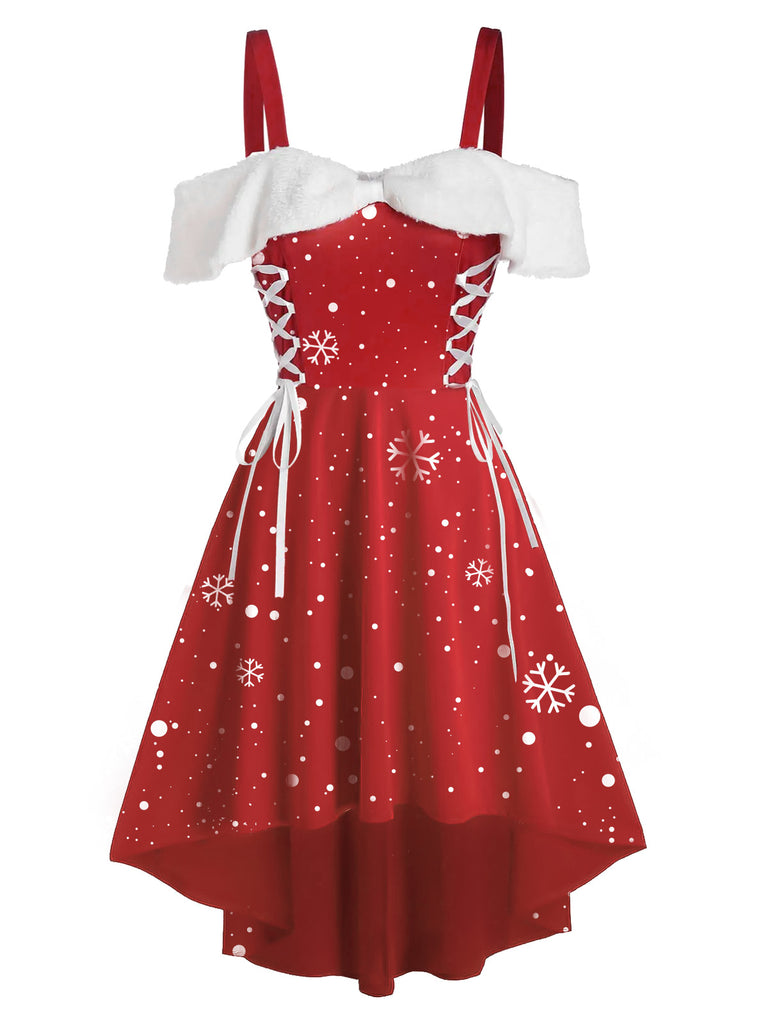 1950s Off-Shoulder Plush Lace-up Dress