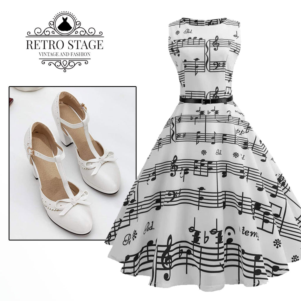 White 1950s Music Note Swing Dress