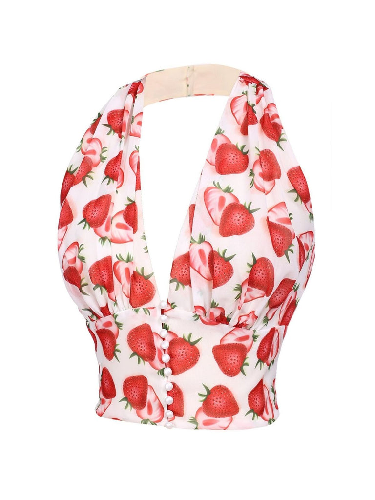 Red 1950s Halter Strawberry Button Tops