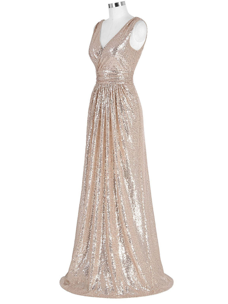 Solid V-neck Sequins Maxi Dress