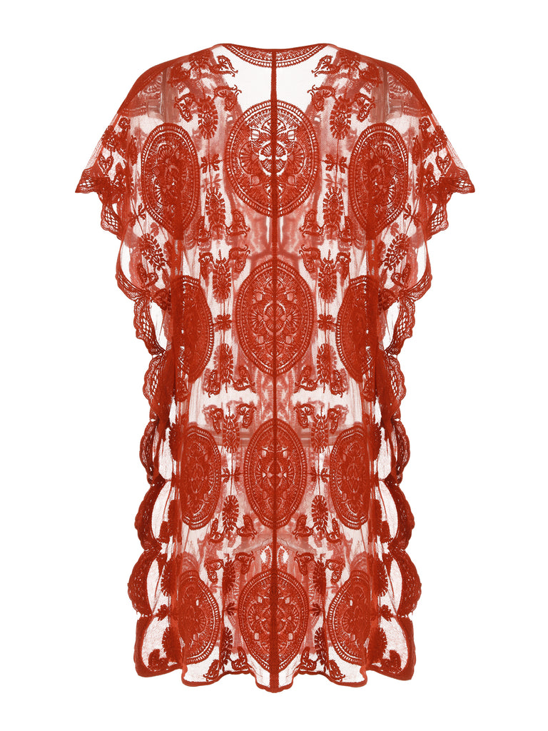 Red 1960s Embroidery Hollow Wrap Cover-up