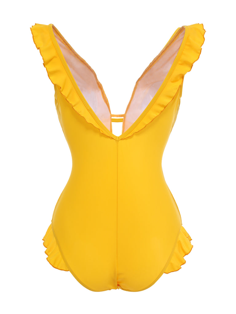 Yellow 1930s V-Neck One-piece Swimsuit | Retro Stage