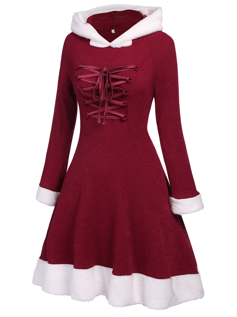 1950s Furry Patchwork Solid Lace-up Dress