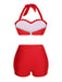 Red 1950s Button Ruffles Halter Swimsuit