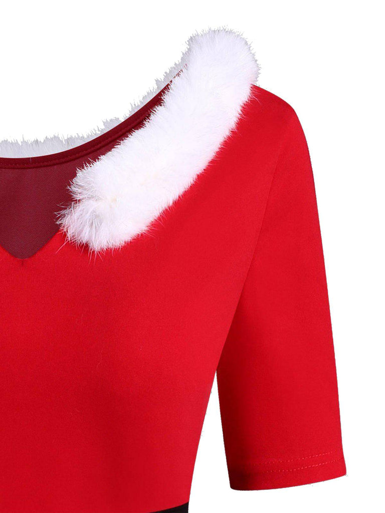 Red 1950s Christmas Fur Collar Dress