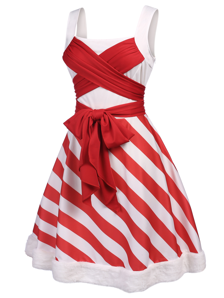 Red 1950s Stripes Bow Swing Dress