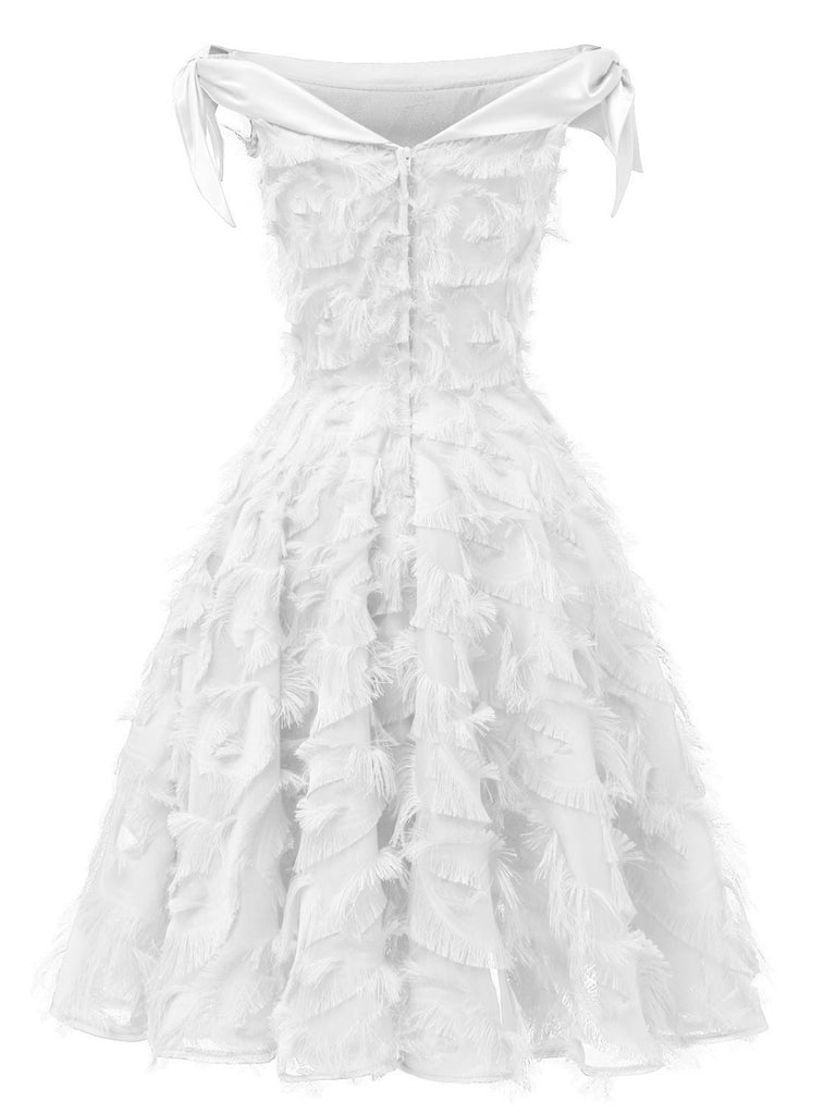 1950s Off-shoulder Tassel Feather Solid Dress
