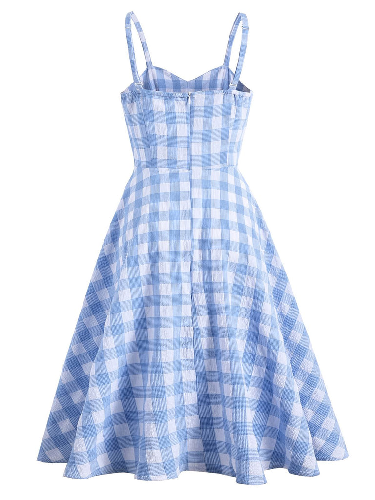 Blue 1950s Spaghetti Strap Plaid Dress