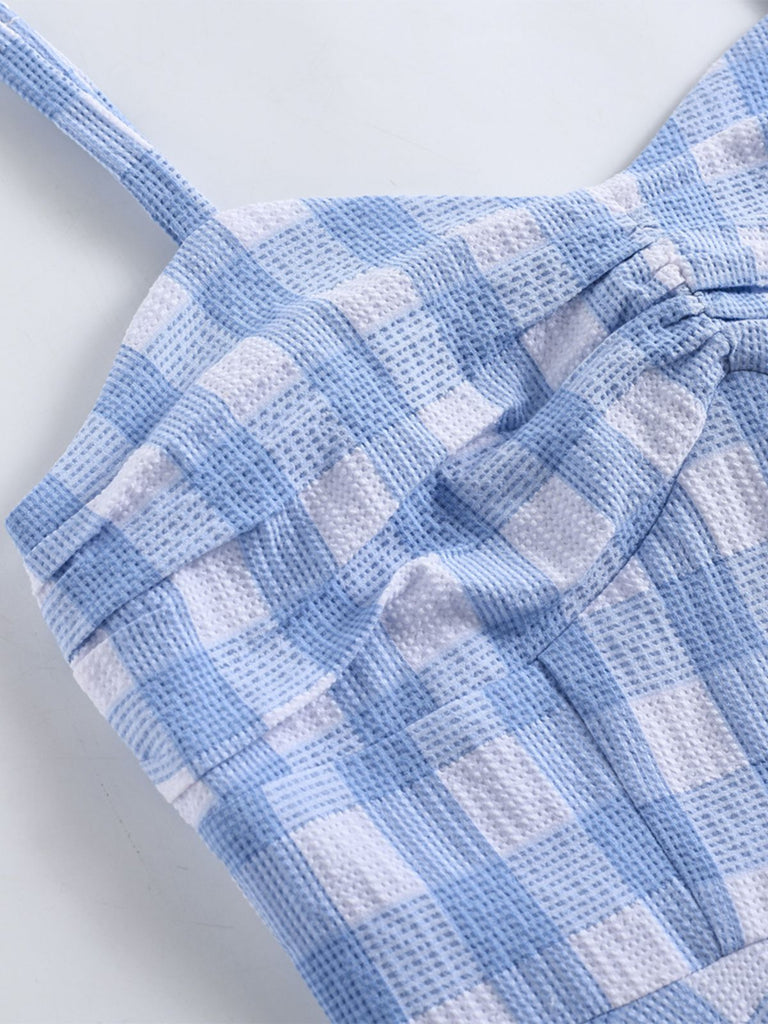 Blue 1950s Spaghetti Strap Plaid Dress