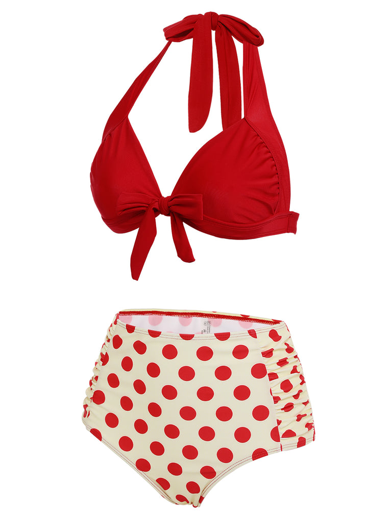 Red 1950s Polka Dots Halter Bikini Set | Retro Stage