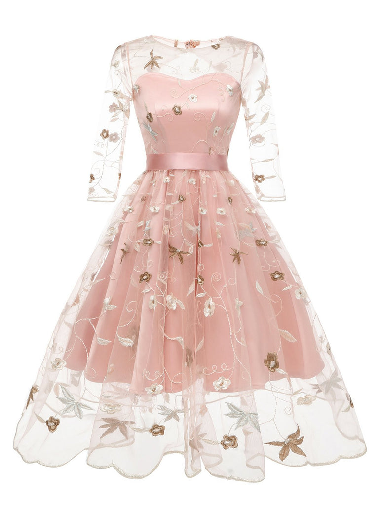 3/4 Sleeve 1950s Floral Embroidery Dress | Retro Stage 3/4 Sleeve 1950s Floral Embroidery Dress | Retro Stage