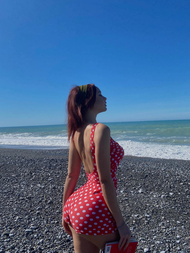 Red Polka Dot Strap One-Piece Swimsuit