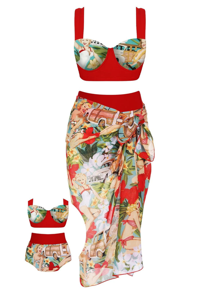 3PCS 1960s Red Retro Lady Bikini Set: timeless style reimagined