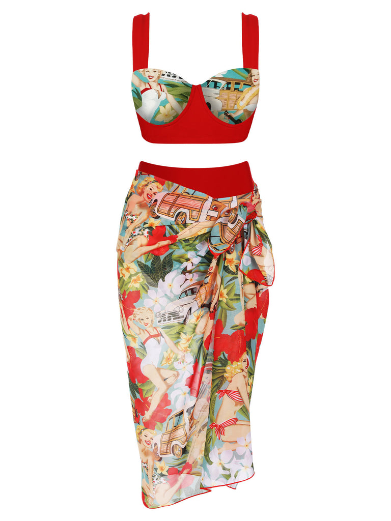 3PCS 1960s Red Retro Lady Bikini Set — vintage elegance for the modern woman