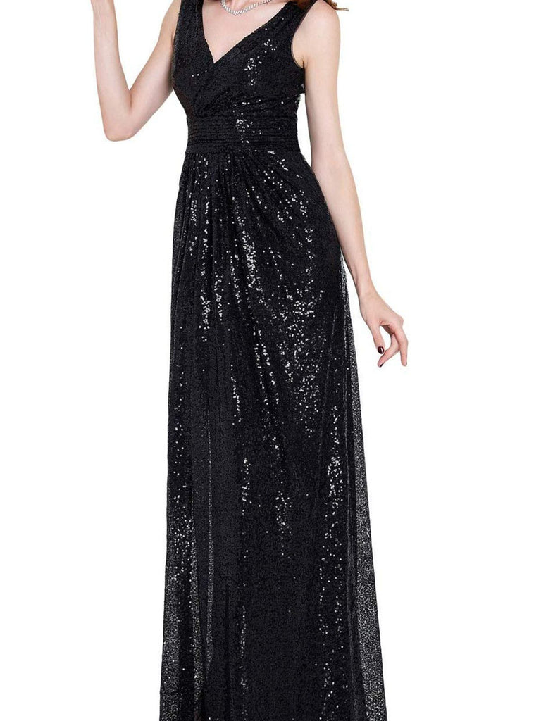Solid V-neck Sequins Maxi Dress