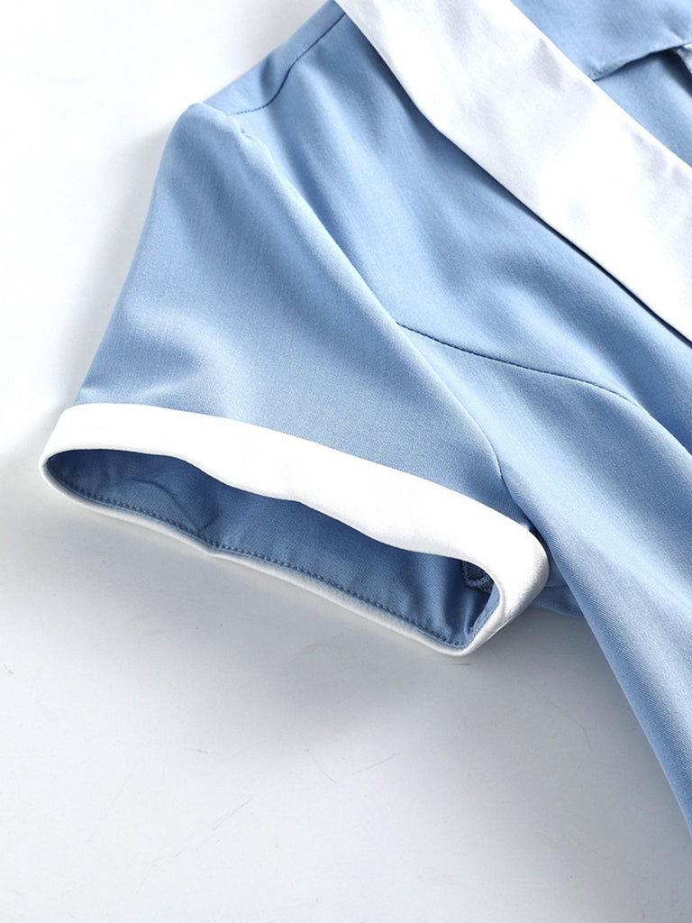 Blue 1950s Pocket Button Solid  Dress