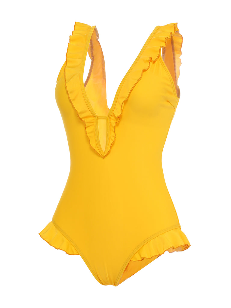 Yellow 1930s V-Neck One-piece Swimsuit | Retro Stage