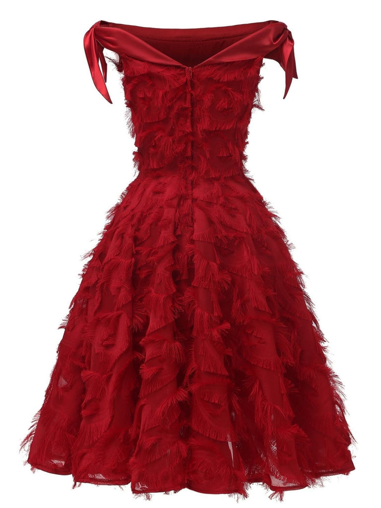 1950s Off-shoulder Tassel Feather Solid Dress