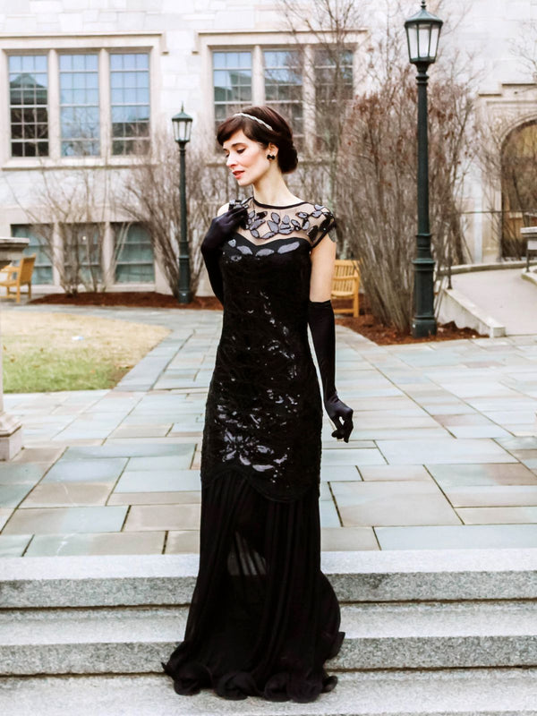 Retro Stage Art Deco Black Sequin 1920s Gowns, Roaring 20s Prom Dresses