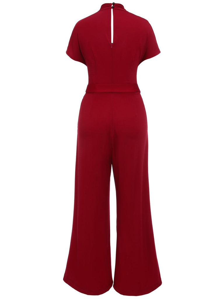 Wine Red 1930s V-neck Solid Wrap Jumpsuit