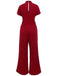 Wine Red 1930s V-neck Solid Wrap Jumpsuit