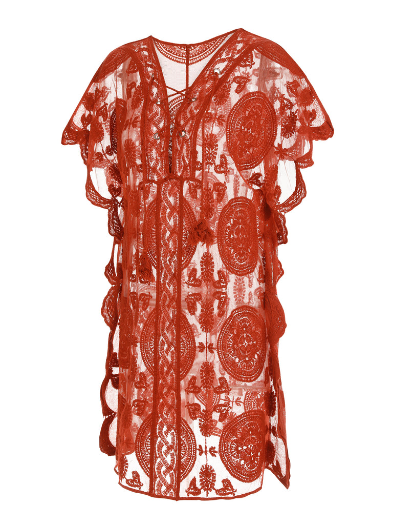 Red 1960s Embroidery Hollow Wrap Cover-up
