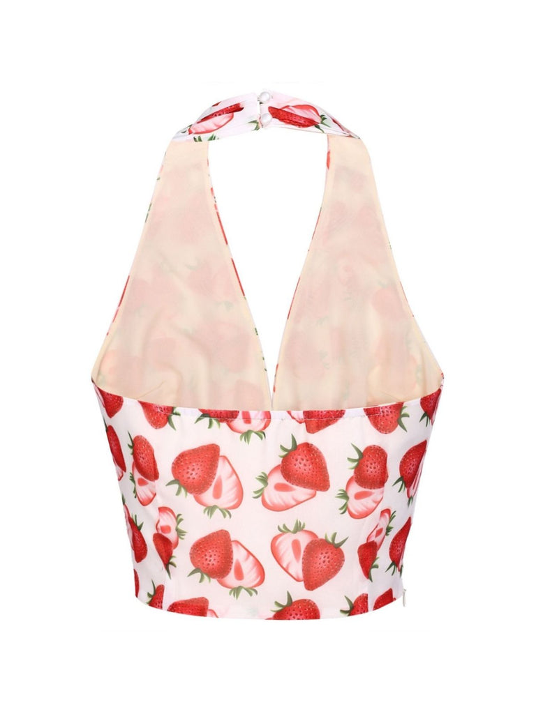 Red 1950s Halter Strawberry Button Tops