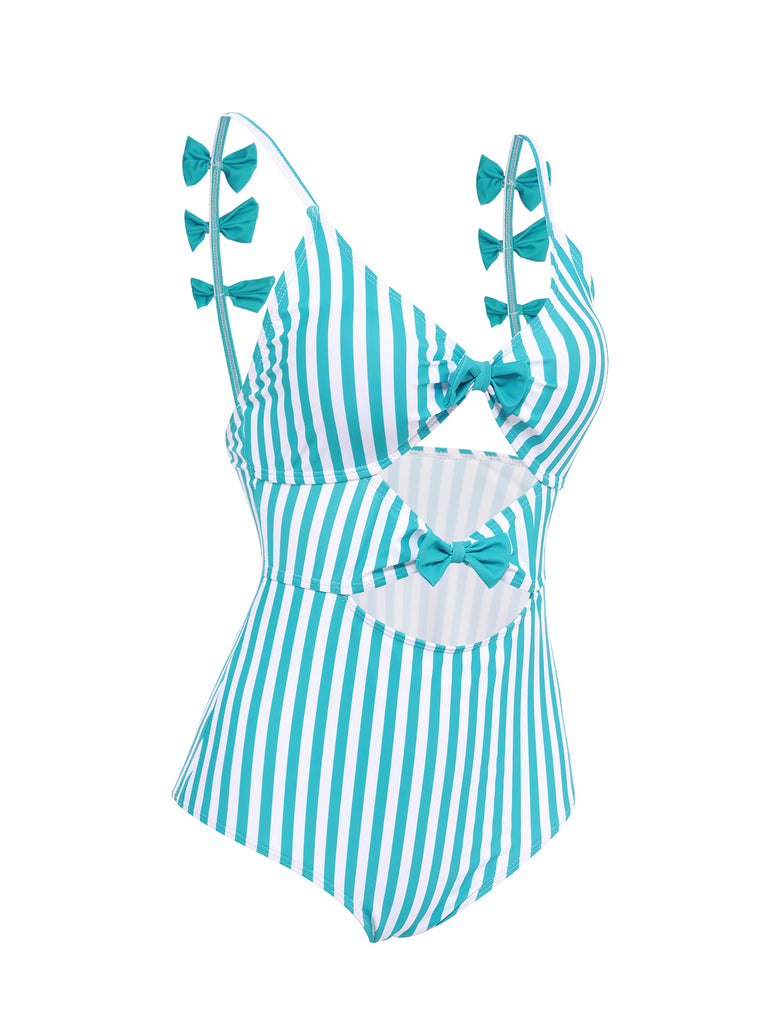 Blue 1960s Stripe Strap Bow One-Piece Swimsuit