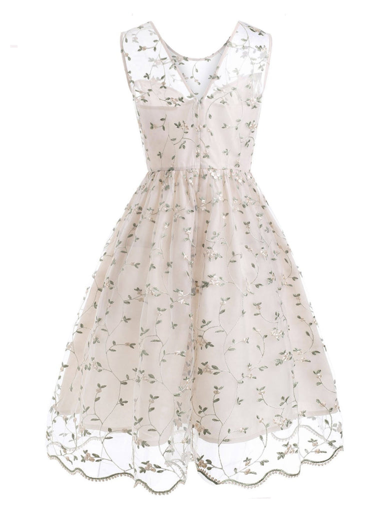 Pink 1950s Floral Embroidery Lace Dress
