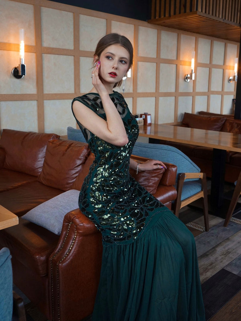 Green 1920s Sequin Maxi Flapper Dress