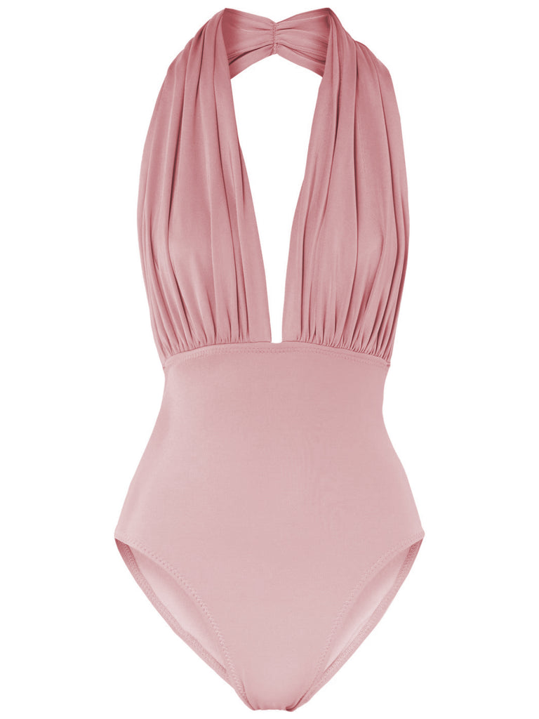 Pink 1930s Retro Halter Solid One-piece Swimsuit