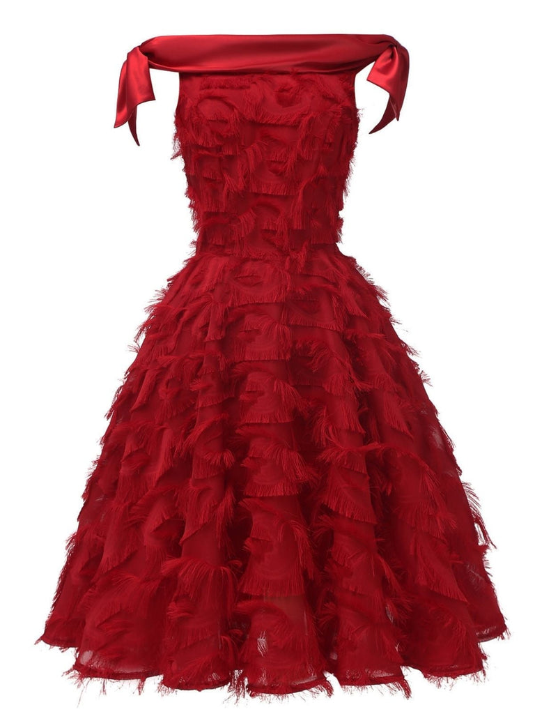 1950s Off-shoulder Tassel Feather Solid Dress