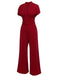 Wine Red 1930s V-neck Solid Wrap Jumpsuit