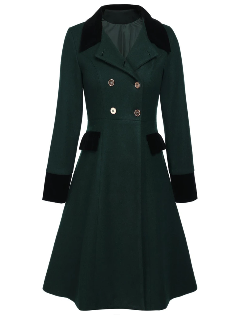 Dark Green 1940s Solid Button Coat | Retro Stage