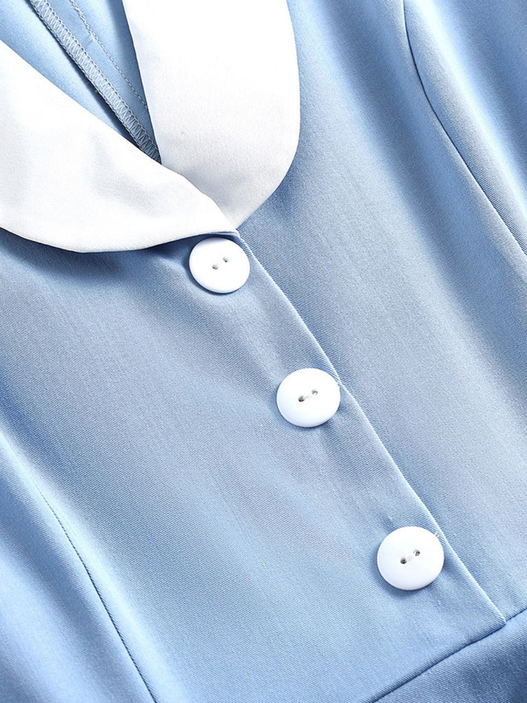 Blue 1950s Pocket Button Solid  Dress