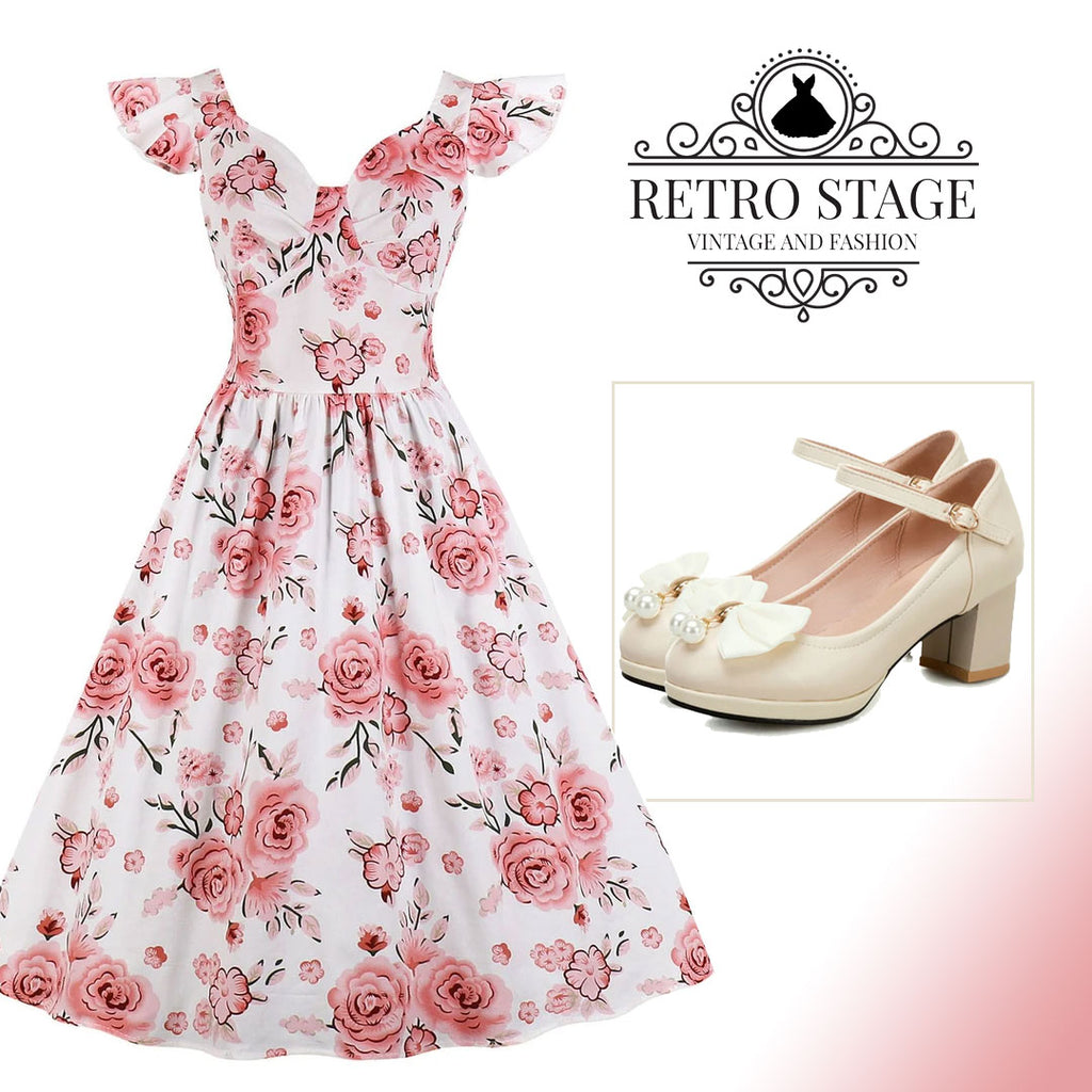 1950s Floral Flare Sleeve Swing Dress