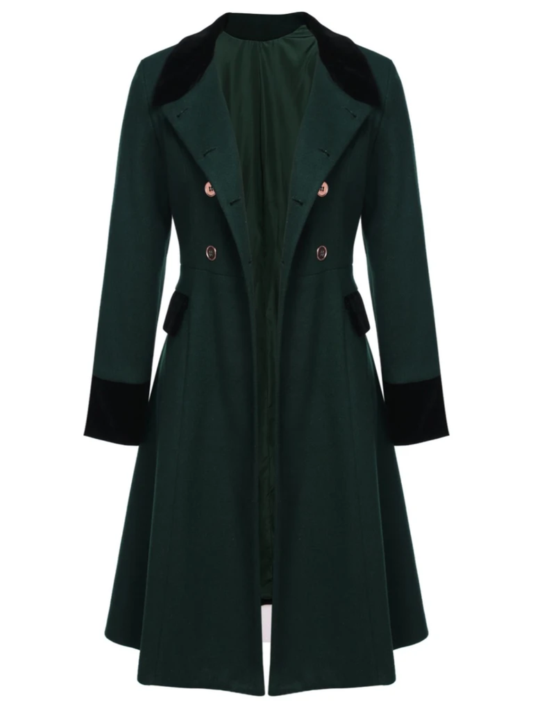 Dark Green 1940s Solid Button Coat | Retro Stage