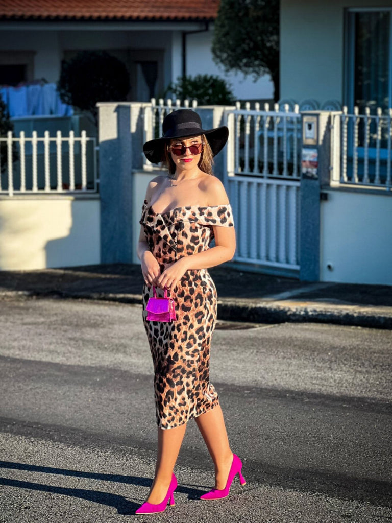 1960s Off-shoulder Leopard Pencil Dress