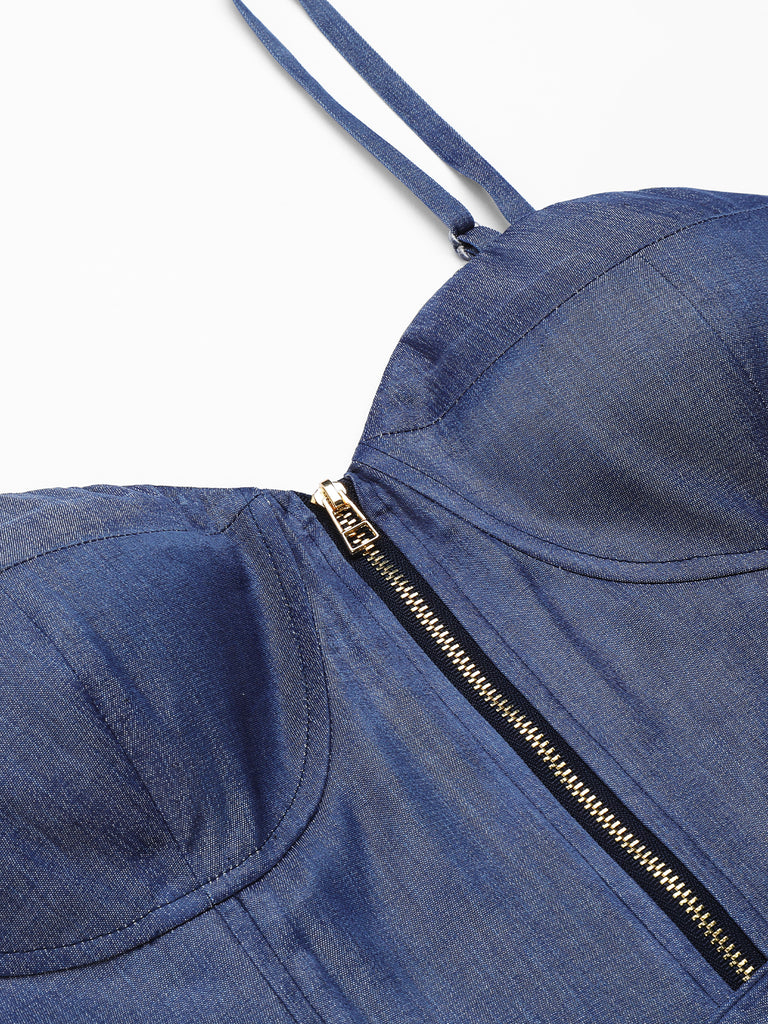 Blue 1940s Spaghetti Strap Zipper Top With Belt