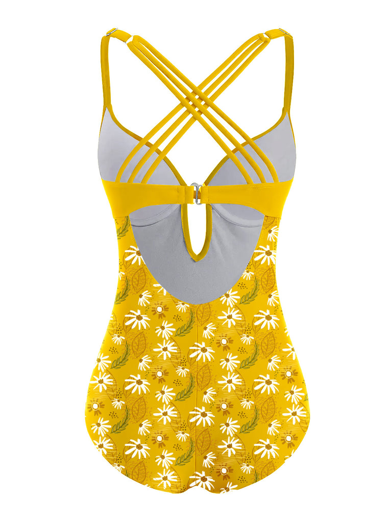 Yellow 1950s Daisy Patchwork Swimsuit