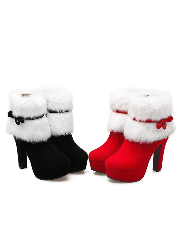 Retro Christmas Short Plush High Heel Shoes
