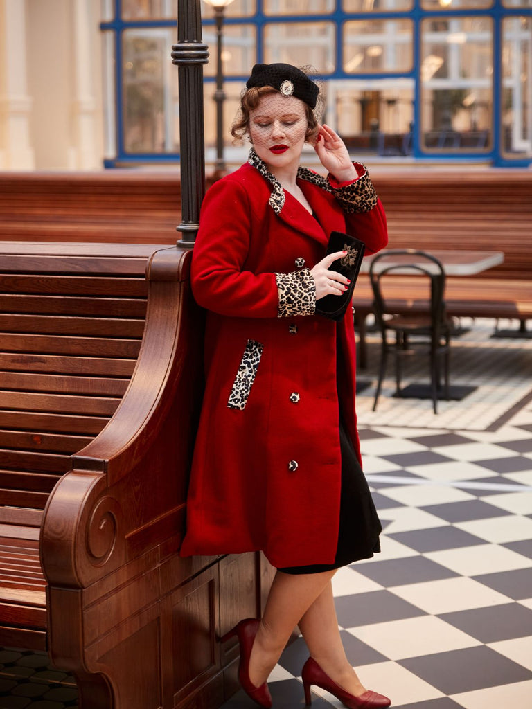 Wine Red 1950s Leopard Patchwork Button Coat