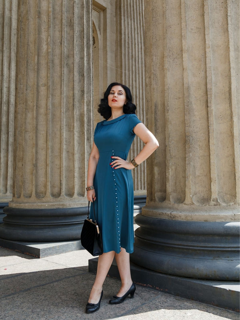Blue 1940s Pearl Buttons Darlene Dress
