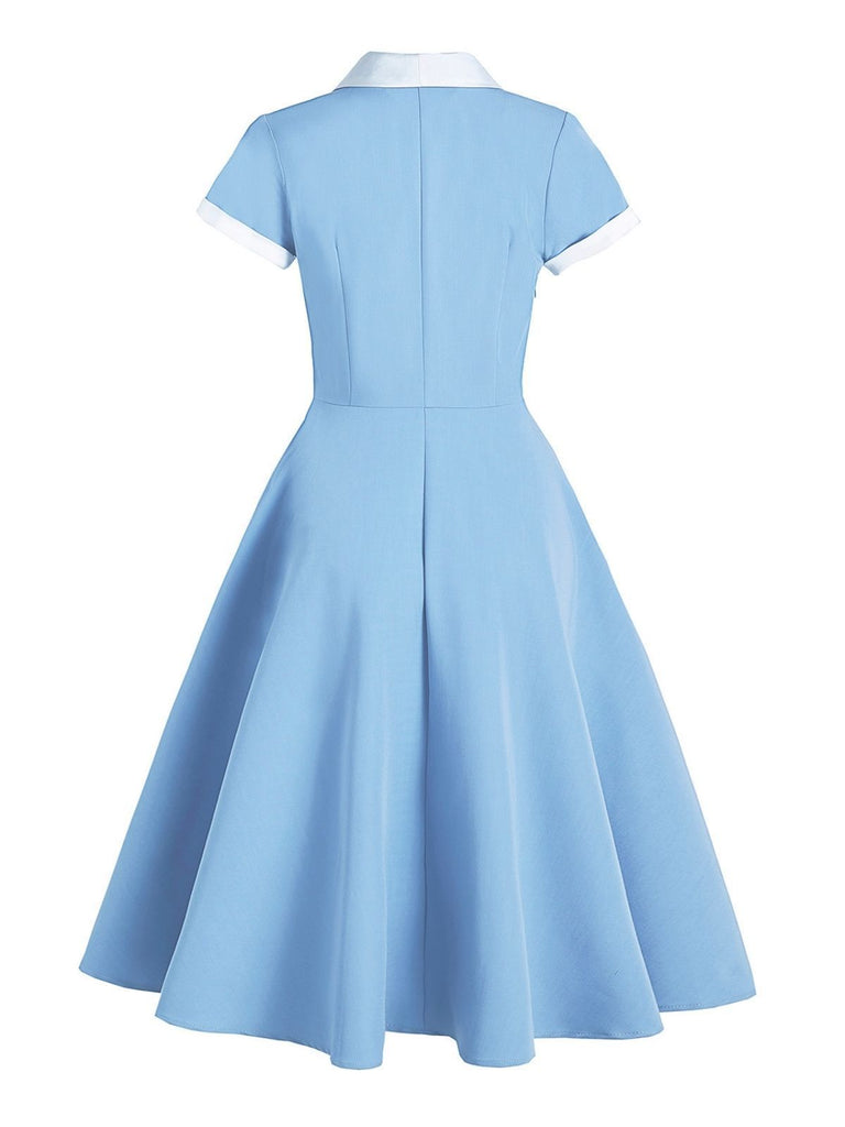 Blue 1950s Pocket Button Solid  Dress