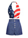 2PCS 1950s Patchwork Flag Tops & Denim Blue Shorts